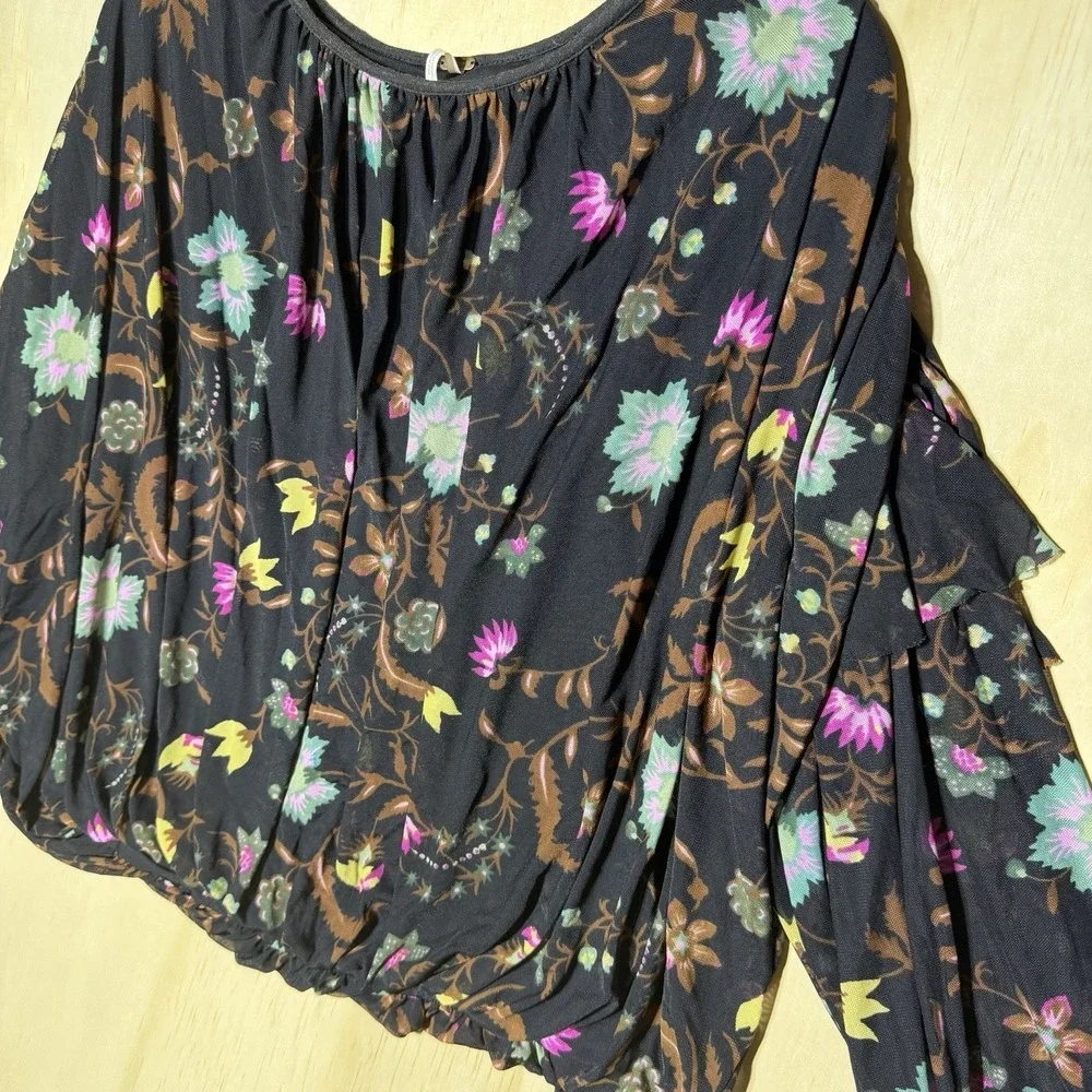 Free People Women's XS Floral Peasant Blouse Black Boho Balloon Sleeve Top